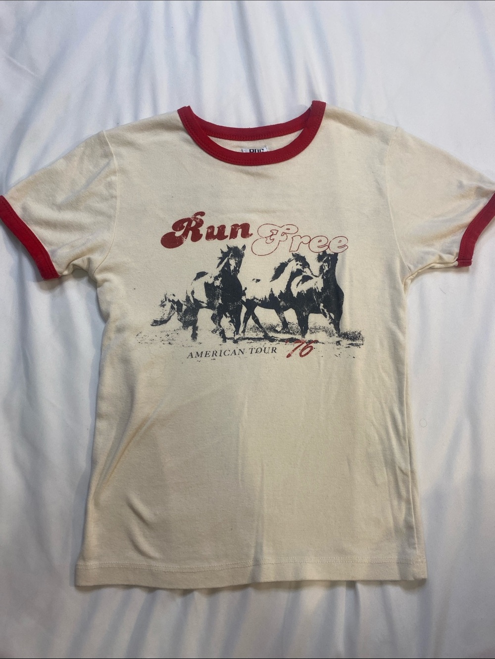 Urban Outfitters Cream Tee with Red Trim and Horse Graphic NWOT